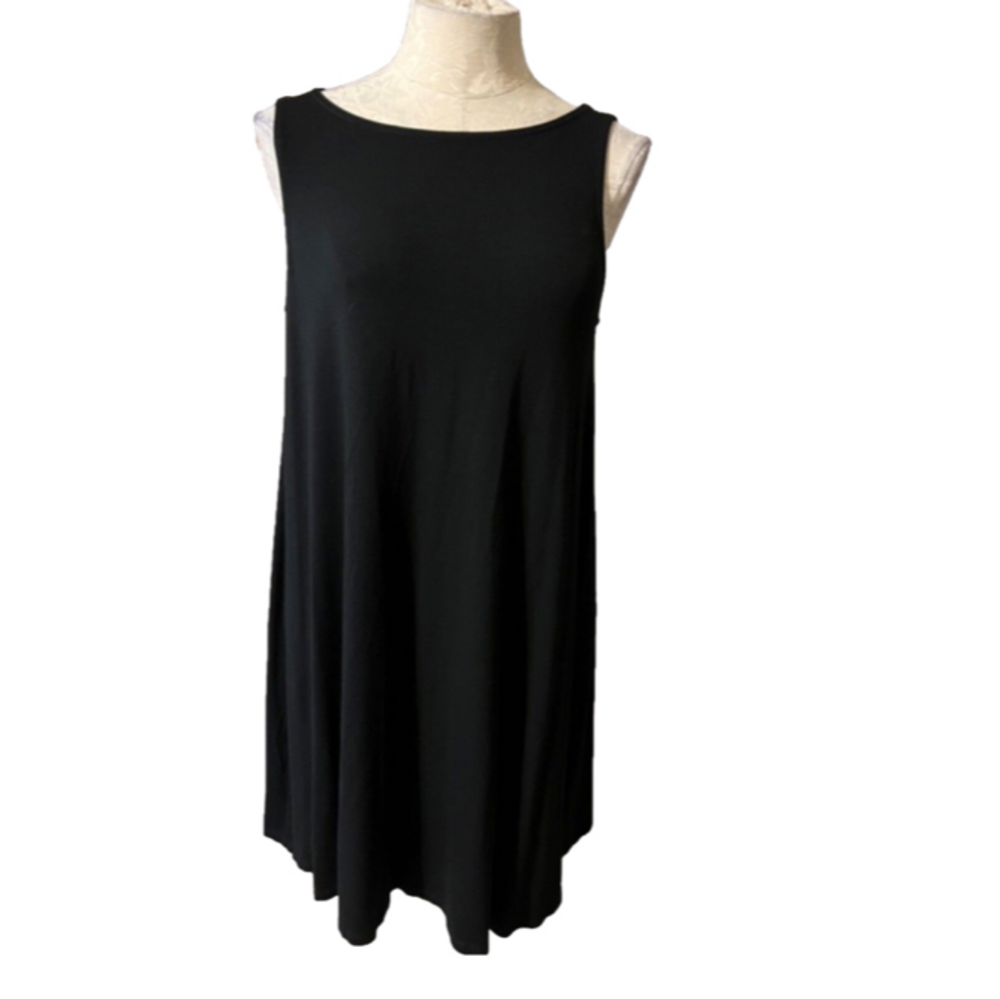 Eileen Fisher Mini Dress Black Tunic Top S Small Side Slits Crew Neck Relaxed